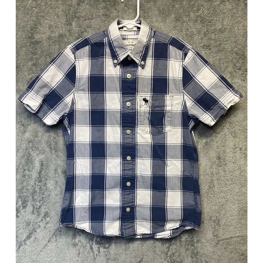 Abercrombie & Fitch Boys Muscle Button Up Kids Size M Plaid Short Sleeve, Blue